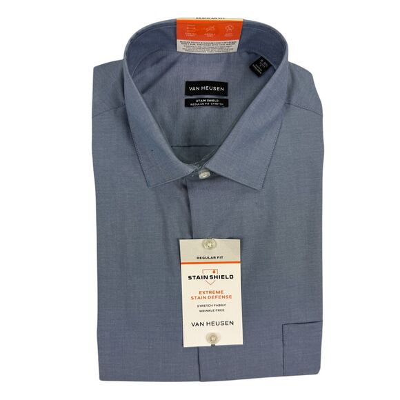 Van Heusen Mens Regular Fit Stain Shield Dress Shirt Penn Blue L 16-16.5 32/33 - Picture 1 of 3